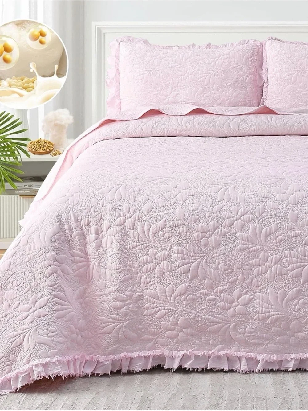 Light Pink Quilted Floral Coverlet Set - Soft Everyday Bedding